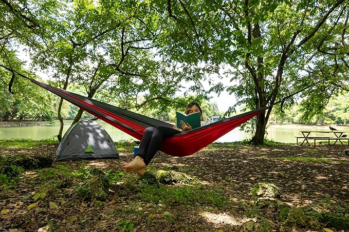 Durable Hammock 400 lb Capacity, Nylon Camping Hammock Chair - Double or Single Sizes w/Tree Straps and Attached Carry Bag - Portable for Travel/Backpacking/Beach/Backyard (Medium, Khaki & Army Green)