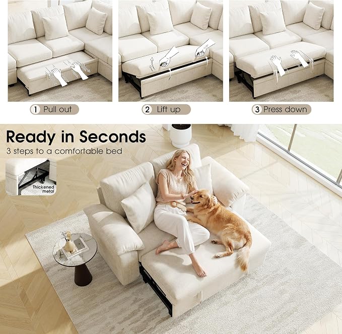 WorthFurni 61” Pull Out Couch, 2 in 1 Sleeper Sofa Bed with Throw Pillow, Convertible Small Loveseat Sleeper Couch for Living Room, Bedroom, Apartment (Beige)