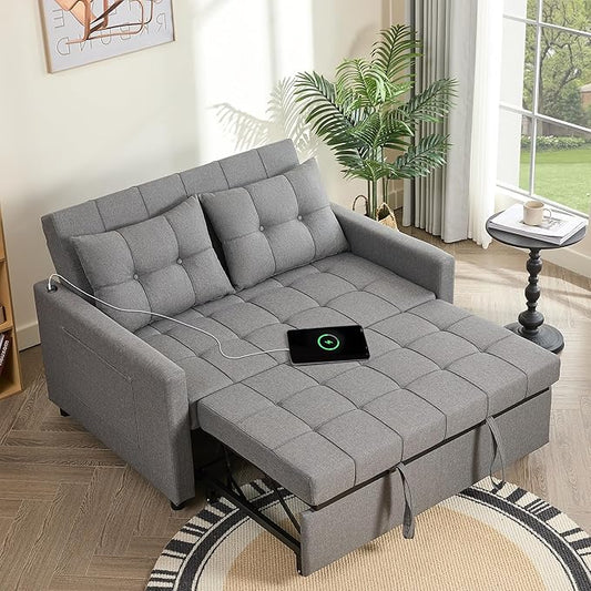 GOSUHI 52" Sleeper Sofa with Pull-Out Bed, 3-in-1 Convertible Sofa Bed, Set of Loveseat with Stepless Adjustable Backrest and Side Pocket, for Living Room Dorm Apartment, Linen, Light Gray