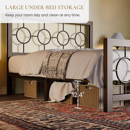 SHA CERLIN Full Size Metal Bed Frame with Vintage Circular Design Headboard and Footboard,No Box Spring Required,Easy Assembly,Noise-Free,Brown
