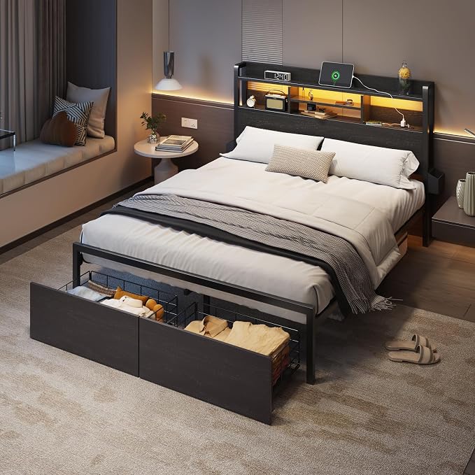 Furnulem Full Size Bed Frame with Wood Headboard, Metal Platform Bed Frame Full Size with 2 Storage Drawers and Shelf, LED Lights and Charging Station, No Box Spring Needed, Noise Free, Black
