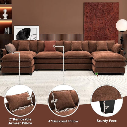 Ihanherry 146" U-Shaped Modern Sofa Modular Sectional Luxurious and Comfortable with 2 Ottoman, 6-Seat Chenille Deep Seat Sofa with 6 Pillows for Living Room, Bedroom and Apartment, Brick Red