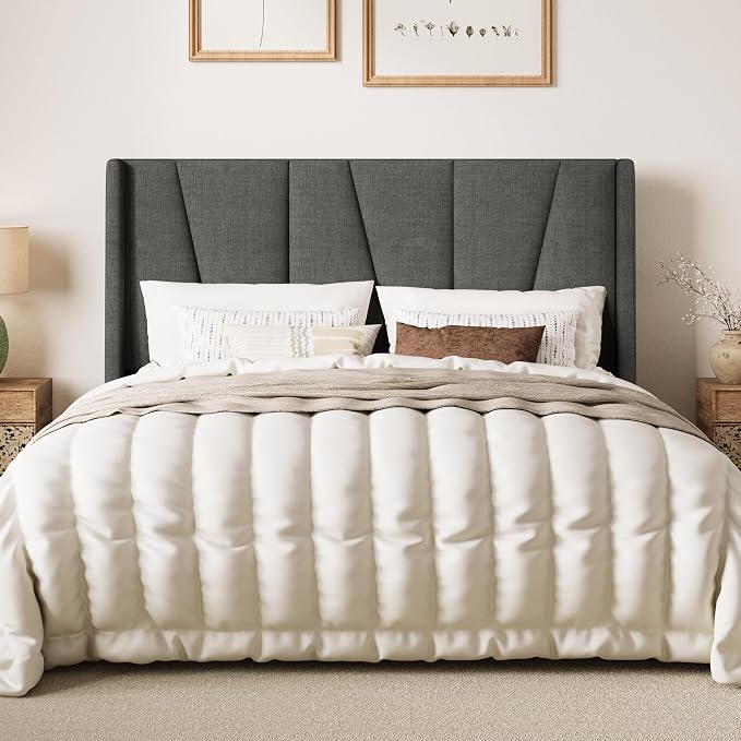 SHA CERLIN Queen Size Bed Frame with Geometric Wingback Headboard, Upholstered Platform Bed with Wooden Slats Support, 8" Under-Bed Space, No Box Spring Needed, Easy Assembly, Grey