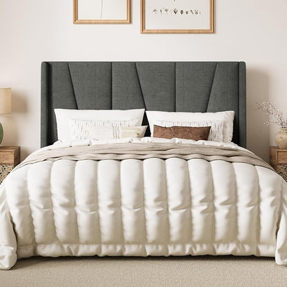 SHA CERLIN Queen Size Bed Frame with Geometric Wingback Headboard, Upholstered Platform Bed with Wooden Slats Support, 8" Under-Bed Space, No Box Spring Needed, Easy Assembly, Grey