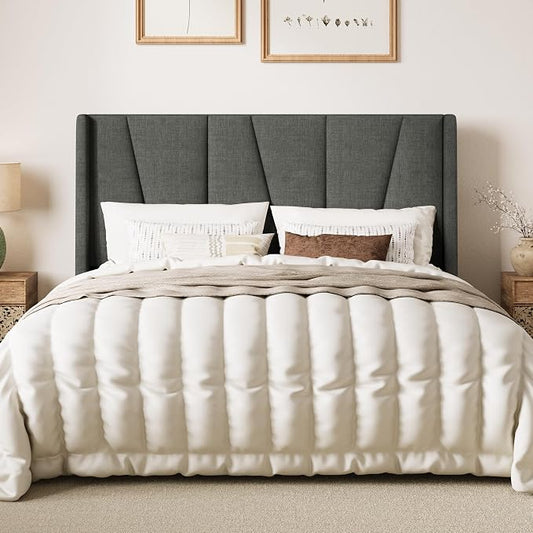 SHA CERLIN Full Size Bed Frame with Geometric Wingback Headboard, Upholstered Platform Bed with Wooden Slats Support, 8" Under-Bed Space, No Box Spring Needed, Easy Assembly, Grey