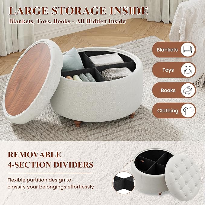 25Inch Round Ottoman with Storage, Tufted Fabric Modern Circle Ottoman with Reversible Tray Lid and Wood Legs, Multi-Functional Small Coffee Table for Living Room, Bedroom, Beige