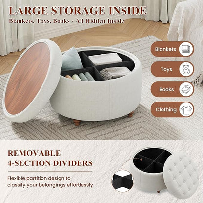 25Inch Round Ottoman with Storage, Tufted Fabric Modern Circle Ottoman with Reversible Tray Lid and Wood Legs, Multi-Functional Small Coffee Table for Living Room, Bedroom, Beige