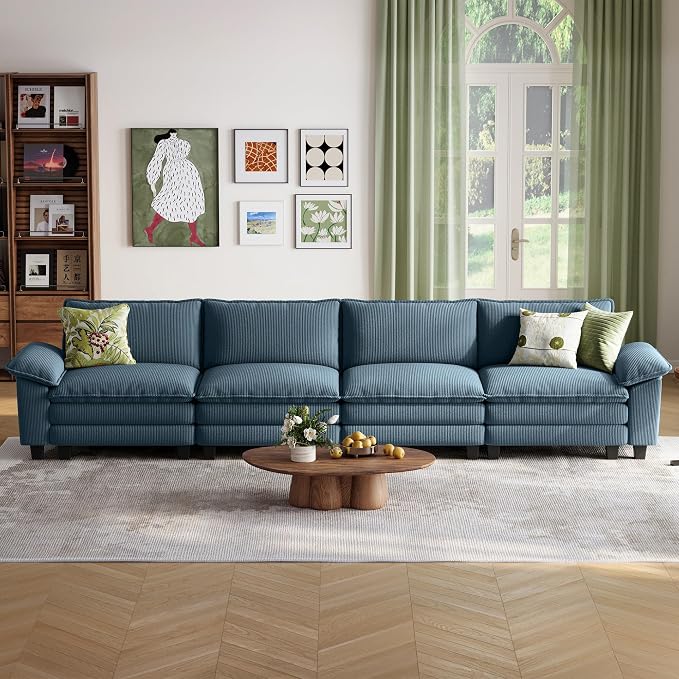 LINSY HOME 157'' Modular Sectional Sofa 4 Seat Couch Corduroy Cloud Couch with Deep Seat, Modern Cloud Couch for Living Room, Office, Bedroom, Blue