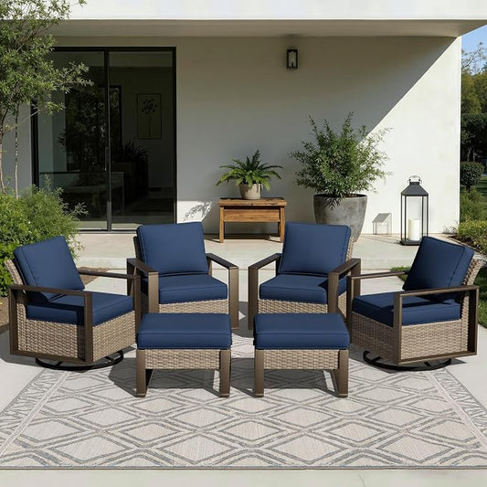 Joyside Outdoor Patio Swivel Rocker Chairs, 5 Pieces Wicker Furniture Set, 2 Swivel Rocking Chairs and 2 Ottoman, Metal Wide Armrest, Thick Cushions and Deep Seating for Garden, Backyard, Porch, Deck