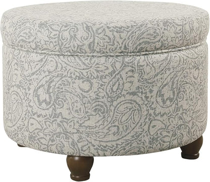 Homepop Home Decor | Upholstered Round Storage Ottoman | Ottoman with Storage for Living Room & Bedroom, Gray Floral