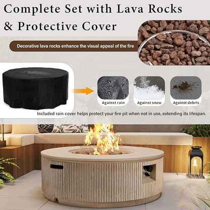Merax 38.19'' MGO Propane Outdoor Fire Pit with Vertical Stripe Design, 50000 BTU Round Fire Pit Table with Steel Burner, Adjustable Flame Control, Lava Rocks & Rain Cover for Patio&Backyard, Brown