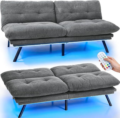 YITAHOME Convertible Futon Sofa Bed with Adjustable 3 Color Light Strip, 70" Folding Futon Set for Living Room Home Office Aprtment, Modern Futon Couch with Adjustable Backrest & Armrests, Grey