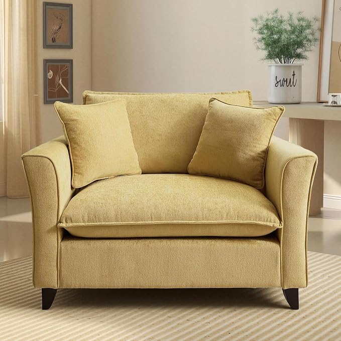 ERYE 46.9" Chenille Upholstered Accent Chair Wide Seat for Living Room Bedroom, Modern Leisure Cushion Armchair W/ 2 Pillows and Removable Cover for Home Apartment Office