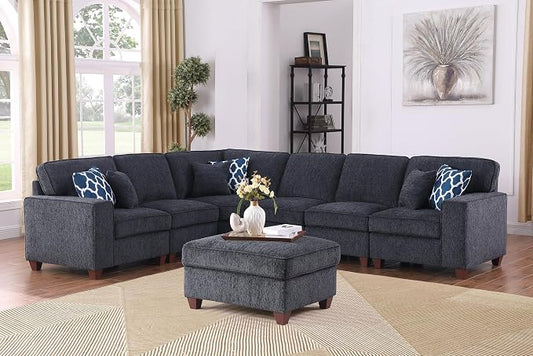 Ball & Cast 116" L-Shaped Sectional Couch with Movable Ottoman & 6 Throw Pillow,7 Seat Chenille Upholstered Sectional Sofa W/Wide Armrest,DIY Combination,Comfy Sectionals Set for Living Room,Dark Gray
