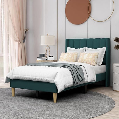 AGARTT Upholstered Platform Bed Frame Twin Size with Headboard and Footboard/Wooden Slats Support/No Box Spring Needed/Easy Assembly,Ink Green Velvet