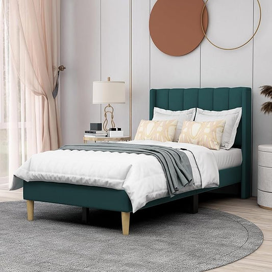 AGARTT Upholstered Platform Bed Frame Twin Size with Headboard and Footboard/Wooden Slats Support/No Box Spring Needed/Easy Assembly,Ink Green Velvet