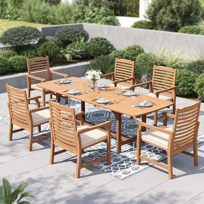 PHI VILLA Teak Outdoor Table, Expandable Wood Table w/Umbrella Hole | Large rectangle acacia wood table for 6-8. Perfect for patio, deck, porch, backyard
