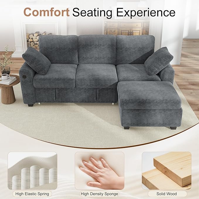 Hanherry 81" Sectional Couch with Pull Out Sofa Bed,Corduroy Sleeper Sofa with Storage Ottoman & USB Charging,Comfy L Shaped Modular Couches for Living Room,Apartment
