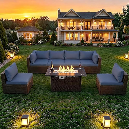 LAFWELL 8-Piece Wicker Patio Conversation Set with 44" Propane Fire Pit Table, Cozy Outdoor Sectional Sofa for Backyard Gatherings, Poolside Lounging & Garden Parties