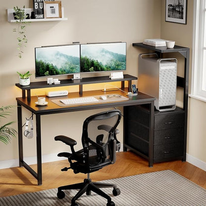 DUMOS 52” Gaming Desk with USB Charging Ports & LED Lights, Reversible Computer Desk with Drawers, PC Desk for Home Office Small Space, Gaming Table Fits PC Towers, Black