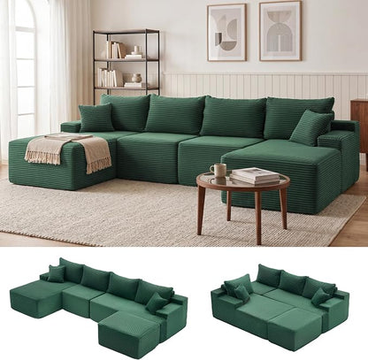 Mangodan 118'' Cloud Sectional Couch, U Shaped Boneless Couches for Living Room, Modular Sectional Sofa with Deep Seat Light Facing Chaise, Comfy Cloud Couch Sofa, Green