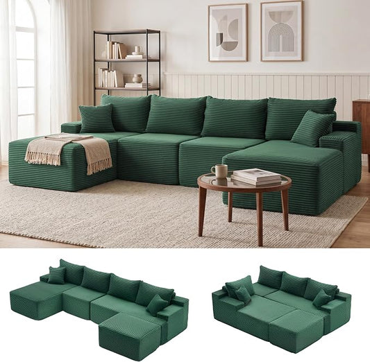 Mangodan 118'' Cloud Sectional Couch, U Shaped Boneless Couches for Living Room, Modular Sectional Sofa with Deep Seat Light Facing Chaise, Comfy Cloud Couch Sofa, Green
