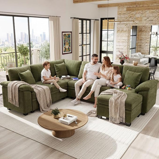 Ihanherry 108" Modular Sectional Sofa with Pull Out Bed, 7-Seater L Shaped Sectional Sleeper Couch with Storage, Chenille Convertible Couches for Living Room, Apartment (Green)