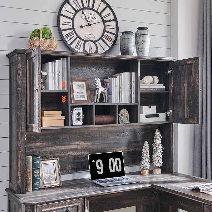 T4TREAM 59" Executive L Shaped Desk with Hutch,Victorian Wood Computer Desk, Featuring Charging Station,File Drawer, Storage Cabinet,for Home Office Work and Study (Dark Rustic Oak)