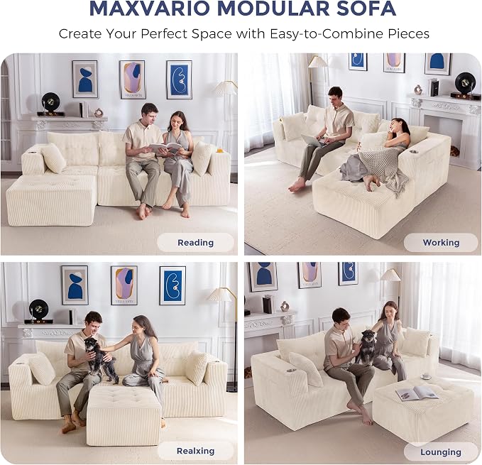 MAXYOYO Modular Sectional Sofa Couch, L Shaped Modern Cloud Couch with 1 Ottoman, Sofa in A Box, Tufted 4-Seat Boneless Chair for Living Room, No Assembly Required, Beige