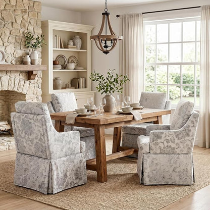 UVV Upholstered Dining Chairs Set of 4, Modern Jacquard Kitchen Chair Dining Room Chair with 4 Casters, Linen Armchair for Bedroom Reading Room Living Room, Silvery White