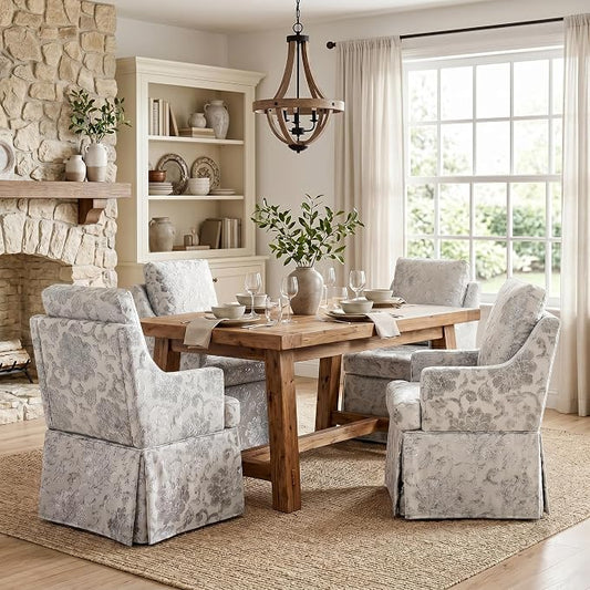 UVV Upholstered Dining Chairs Set of 4, Modern Jacquard Kitchen Chair Dining Room Chair with 4 Casters, Linen Armchair for Bedroom Reading Room Living Room, Silvery White