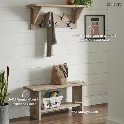 Alaterre Furniture Bethel Entryway Bench with Storage Shelf – Rustic Farmhouse 40-Inch Solid Acacia Wood Seat for Mudroom, Foyer or Hallway (Driftwood Finish)