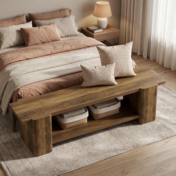 LITTLE TREE Entryway Bench, 63" Long Bench with Storage Shelf, Farmhouse End of Bed Bench, Bench for Bedroom, Dining Room, Living Room, Entryway, Hallway, Reinforced Legs, Brown