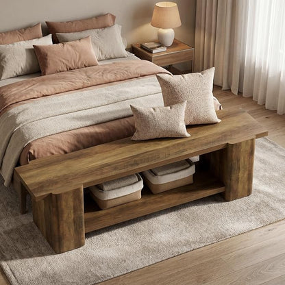 LITTLE TREE Entryway Bench, 63" Long Bench with Storage Shelf, Farmhouse End of Bed Bench, Bench for Bedroom, Dining Room, Living Room, Entryway, Hallway, Reinforced Legs, Brown