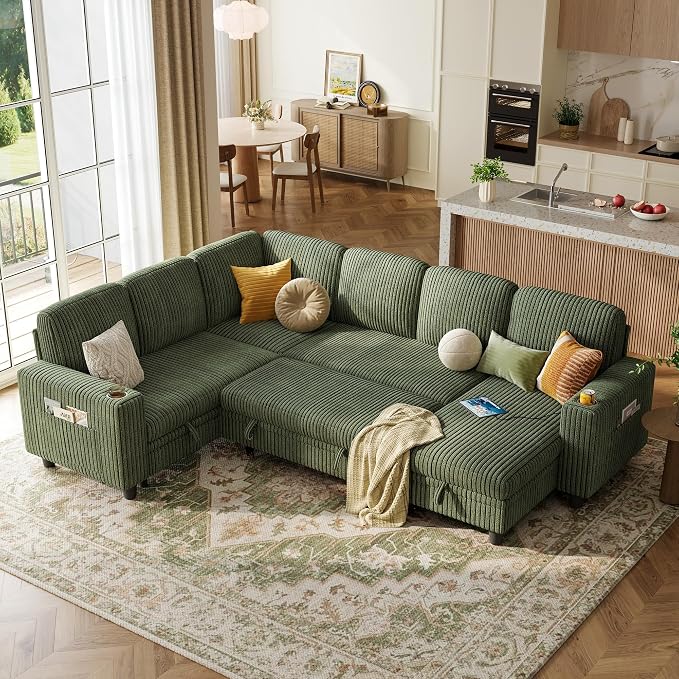 LINSY HOME Sectional Sofa with Pull Out Bed, 6 Seats Corduroy Reversible Sleeper Sofa with Storage Seats & Chaises, USB Ports, Cup Holders, Side Pocket, Sectional Couches for Living Room, Green