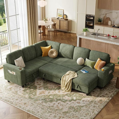 LINSY HOME Sectional Sofa with Pull Out Bed, 6 Seats Corduroy Reversible Sleeper Sofa with Storage Seats & Chaises, USB Ports, Cup Holders, Side Pocket, Sectional Couches for Living Room, Green
