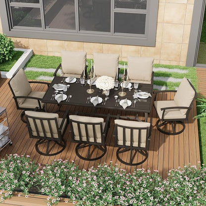 HAPPATIO Aluminum 9 Piece Patio Dining Set, Outdoor Swivel Dining Chairs and Dining Table, Aluminum Outdoor Dining Set for 8, Patio Dining Furniture with Washable Cushions (Black)