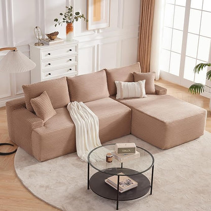 Mangodan Cloud Sectional Sofa, Boneless Couch for Living Room, Modular Sectional Sofa with Deep Seat, Fluffy L-Shaped Comfy Couch with Right-Facing Chaise, No Assembly Required, Camel