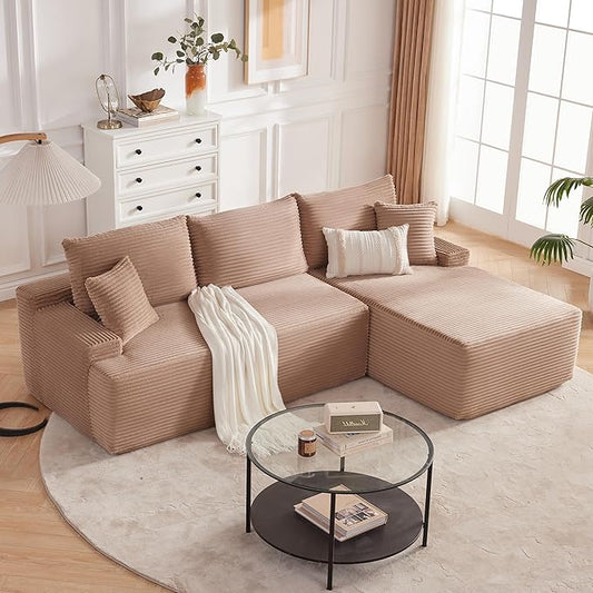 Mangodan Cloud Sectional Sofa, Boneless Couch for Living Room, Modular Sectional Sofa with Deep Seat, Fluffy L-Shaped Comfy Couch with Right-Facing Chaise, No Assembly Required, Camel