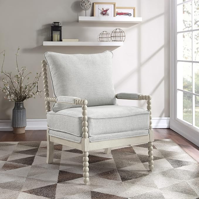 OSP Home Furnishings Kaylee Spindle Accent Chair with Antique White Wood Frame, Smoke Grey Fabric