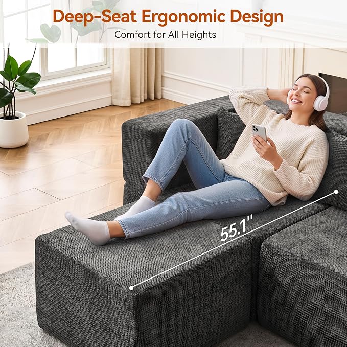 MONVANE Modular Sectional Sofa, Oversized 8 Seat Convertible U Shaped Couch with Ottoman, Comfy Chenille Cloud Couch with Deep Seat, Sectional Couches for Living Room, No Assembly Required, Grey