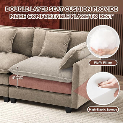 Ihanherry 146" U-Shaped Modern Sofa Modular Sectional Luxurious and Comfortable with 2 Ottoman, 6-Seat Chenille Deep Seat Sofa with 6 Pillows for Living Room, Bedroom and Apartment, Sand