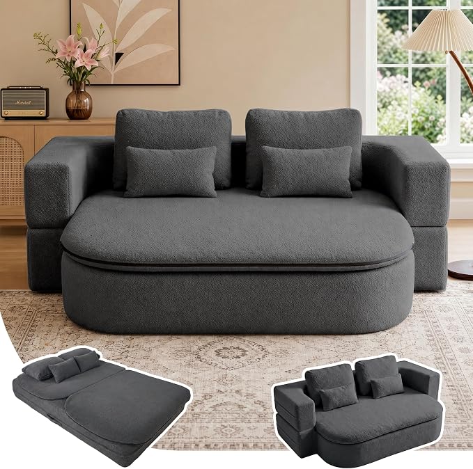 75" Boneless Couch Bed,Fold Up Sleeper Sofa for Adults, Memory Foam Floor Couch with 4 Pillows & Blanket, No Assembly Foldable Guest Bed for Apartment,Living Room