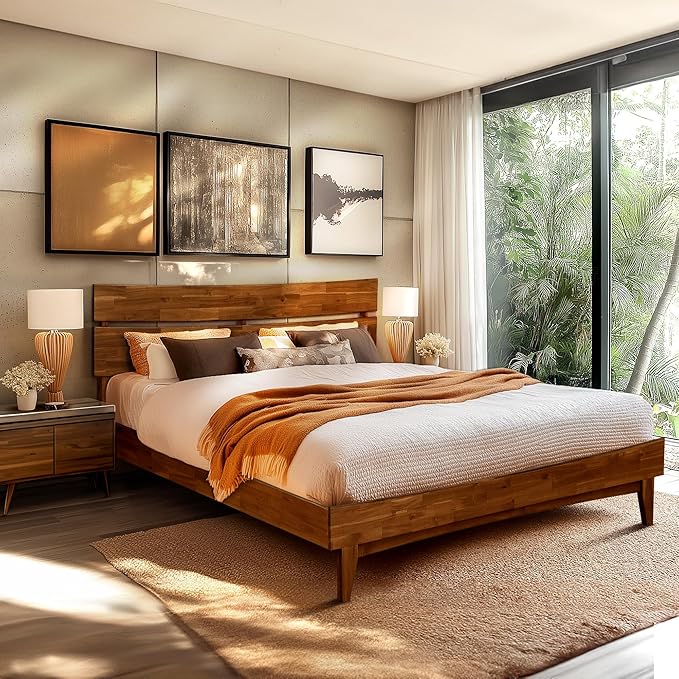 Acacia Aurora Bed Frame with Headboard Solid Wood Platform Bed, King Size Bed Frame, Mid - Century Modern Wood Bed Compatible with All Mattresses, Easy Assembly, Non-Slip, Walnut