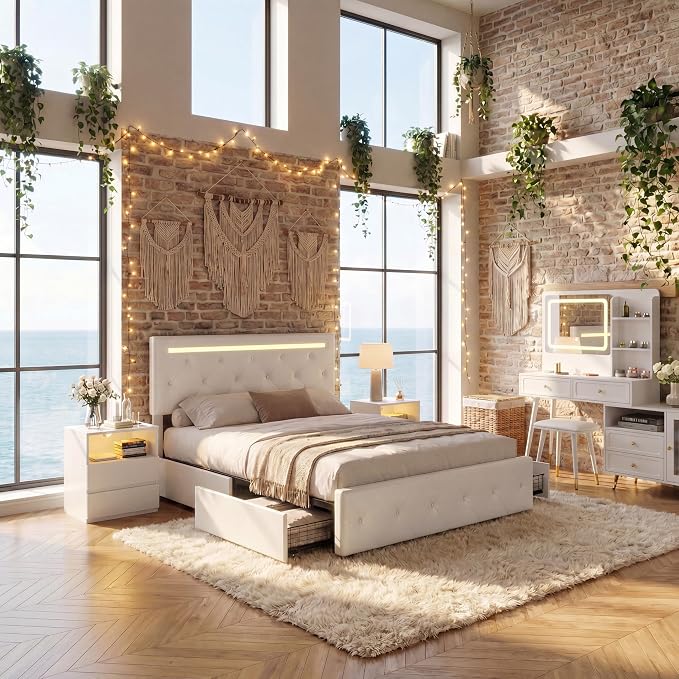4 Pieces Queen Bedroom Set, Modern PU Fabric Metal Bed Frame with Charging Port, LED Light& Adjustable Headboard, Retractable Dressing Table with Mirror& Light, 2 Nightstands with Charge
