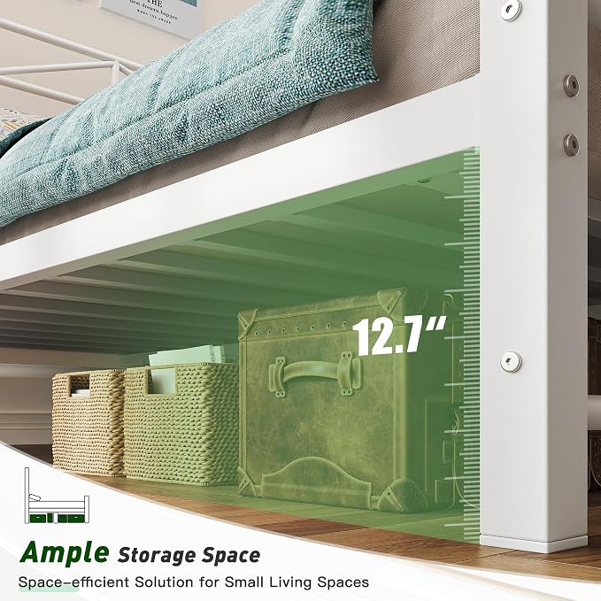 EnHomee 14.2" Metal Twin Bed Frames with Tall Headboard & Footboard, LED Light Twin Bed Frame, Strong Slats Support and Noise-Free Design with Under Bed Storage/No Box Spring Needed/White