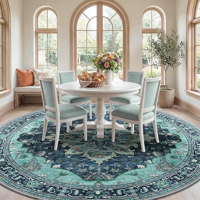 RELEANY Area Rugs Round 8ft Washable Non-Slip, Floral Vintage Distress Medallion Carpet for Living Room Bedroom Dining Room, Teal Green Lake Blue Turquoise