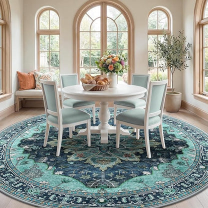 RELEANY Area Rugs Round 8ft Washable Non-Slip, Floral Vintage Distress Medallion Carpet for Living Room Bedroom Dining Room, Teal Green Lake Blue Turquoise