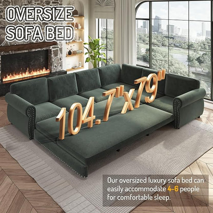 118" L-Shaped Sleeper Couch Bed - Oversize Convertible with Pull-Out Sofa Bed, Button Tufted Chesterfield Sofa, Chenille Sectional Vintage Couches for Living Room/Apartment(6-Seater, Green) | Oversize Convertible
