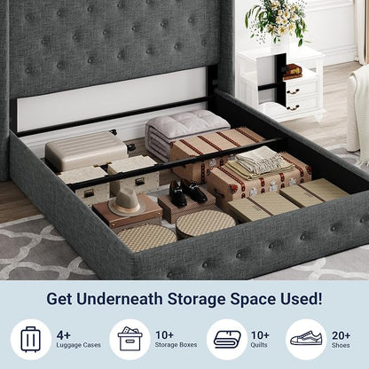 Allewie Full Size Lift Up Storage Bed, Button Tufted Headboard with Wingback, Hydraulic Support, No Box Spring Needed, Dark Grey